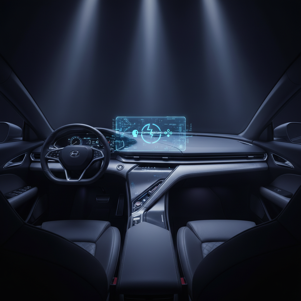 Interior moderno de un coche Hyundai visto desde el asiento trasero, con volante, salpicadero y una interfaz holográfica flotante que muestra información digital.