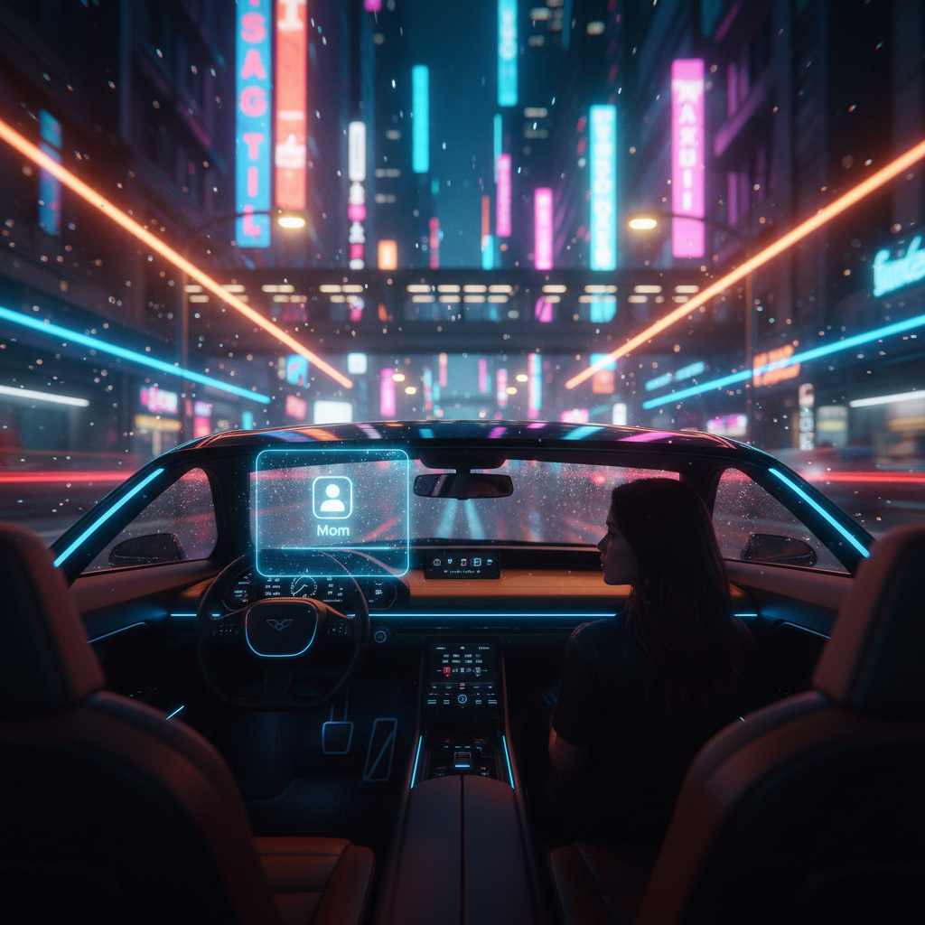 Vista desde el interior de un coche moderno con una mujer al volante, conduciendo de noche por una ciudad futurista llena de luces de neón. En el salpicadero hay una pantalla holográfica que muestra un contacto con la palabra 