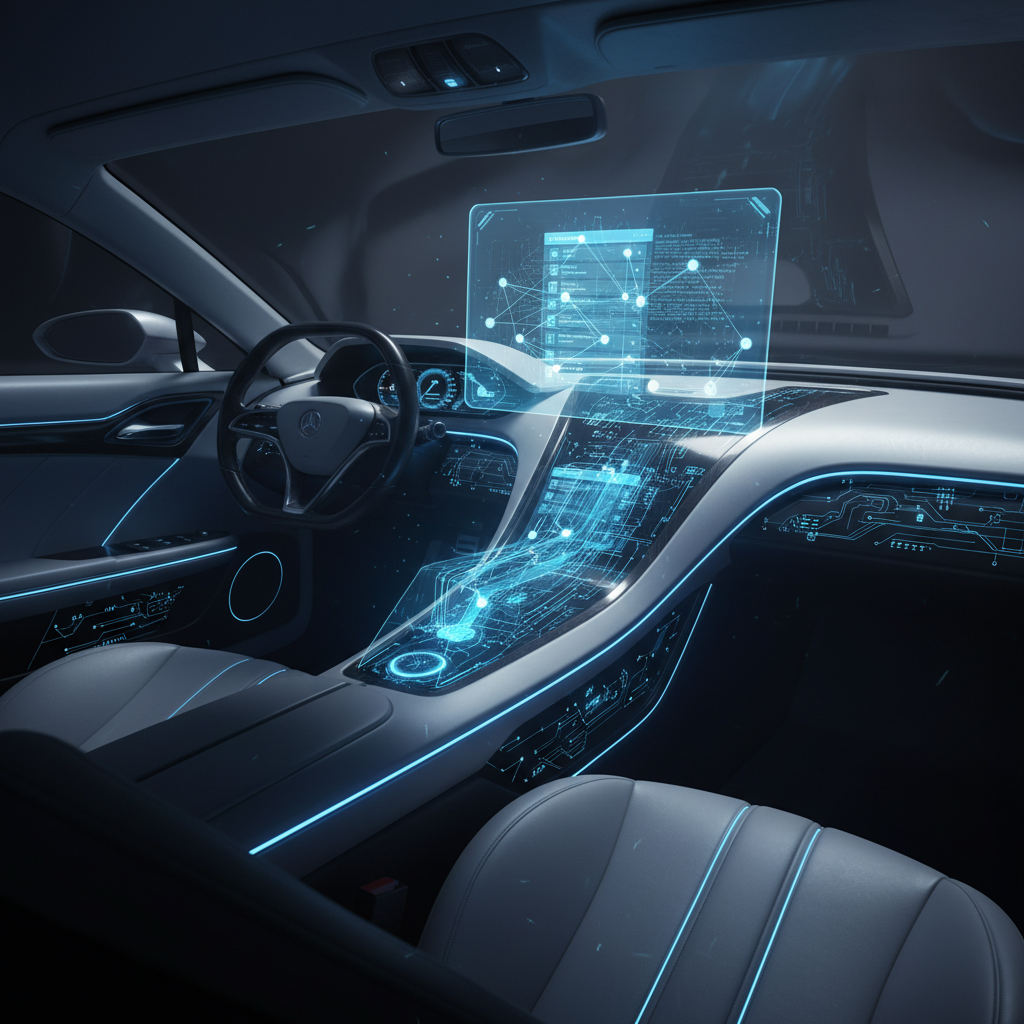 Interior de coche moderno y futurista con una gran pantalla holográfica que muestra datos y una red, y circuitos digitales luminosos en azul integrados en el salpicadero y la consola central.