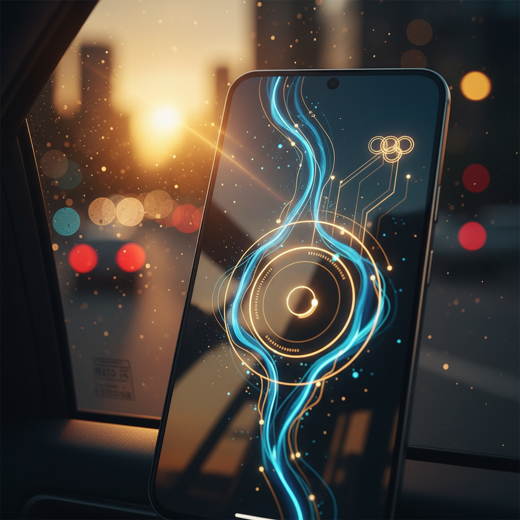 Un smartphone con una pantalla que muestra un diseño digital abstracto brillante en tonos azules y dorados con líneas y elementos de circuitos. Al fondo, se ve un paisaje urbano borroso al atardecer con luces bokeh de tráfico y un destello de sol.
