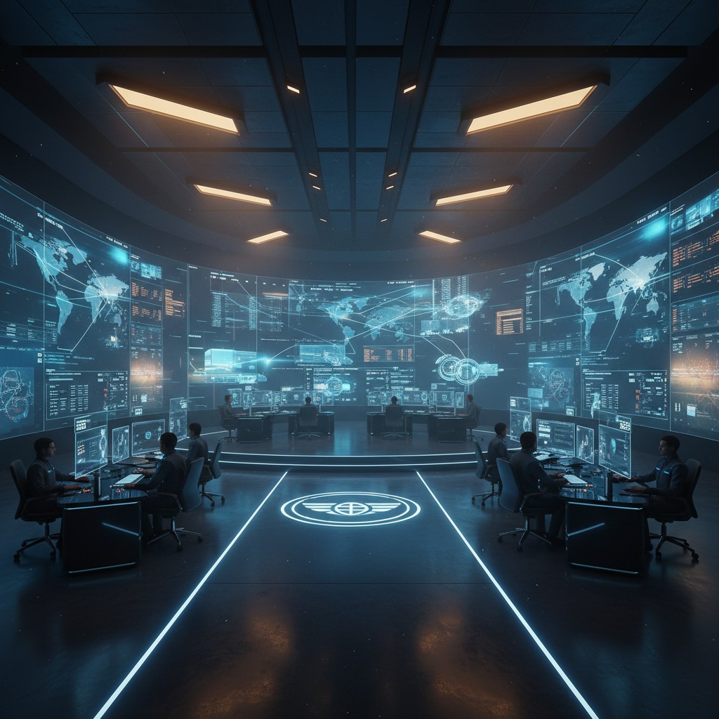 Un centro de control futurista con una gran pantalla curva que muestra mapas mundiales interconectados y gráficos de datos. Múltiples operadores están sentados en estaciones de trabajo frente a pantallas de ordenador. El suelo tiene líneas luminosas y un emblema circular.
