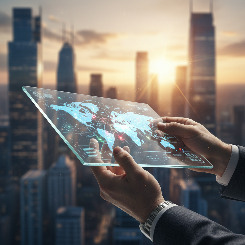Manos de una persona en traje y reloj sosteniendo una tableta transparente que muestra un mapa mundial digital con puntos de conexión y datos. El fondo es un skyline de ciudad borroso al atardecer.
