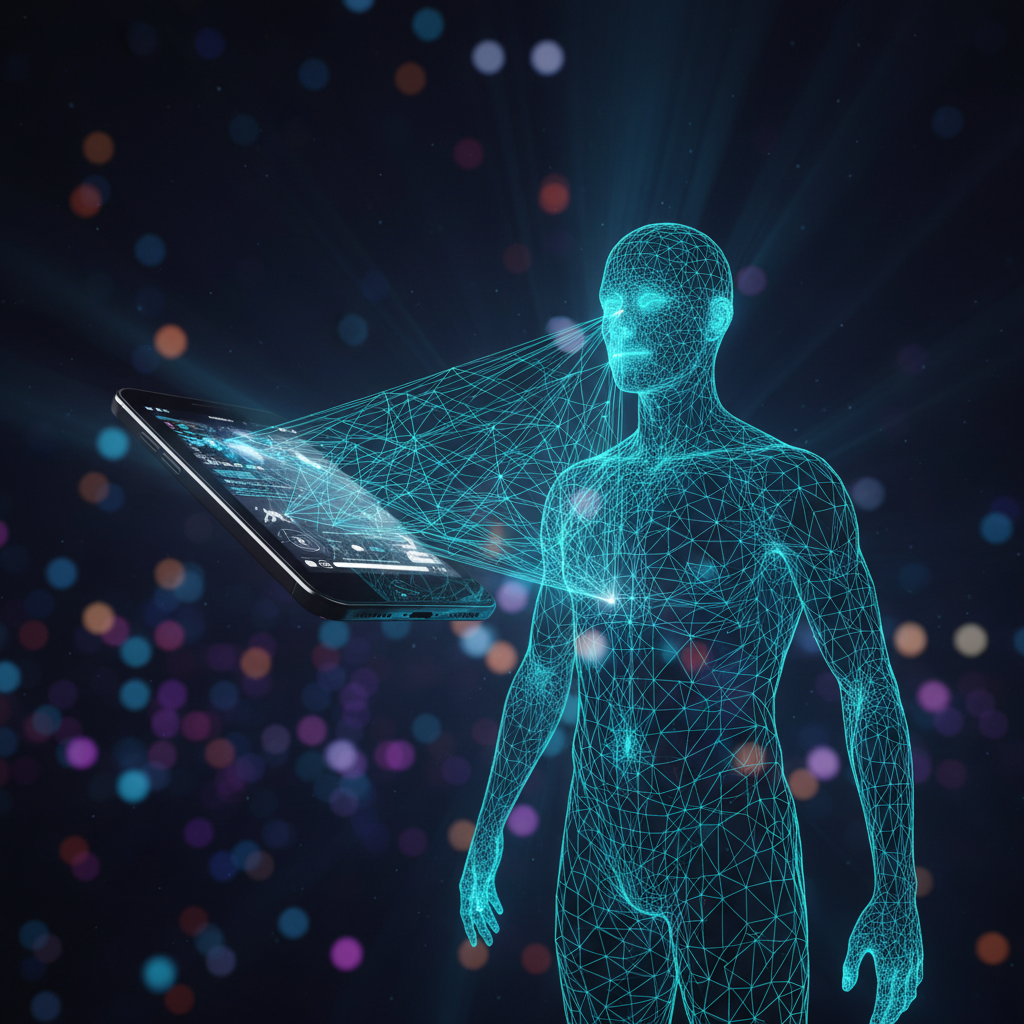 Una figura humana en wireframe azul está siendo escaneada por un smartphone flotante. Líneas de datos digitales conectan el teléfono con la cara y el torso de la persona, sobre un fondo oscuro con luces de bokeh.