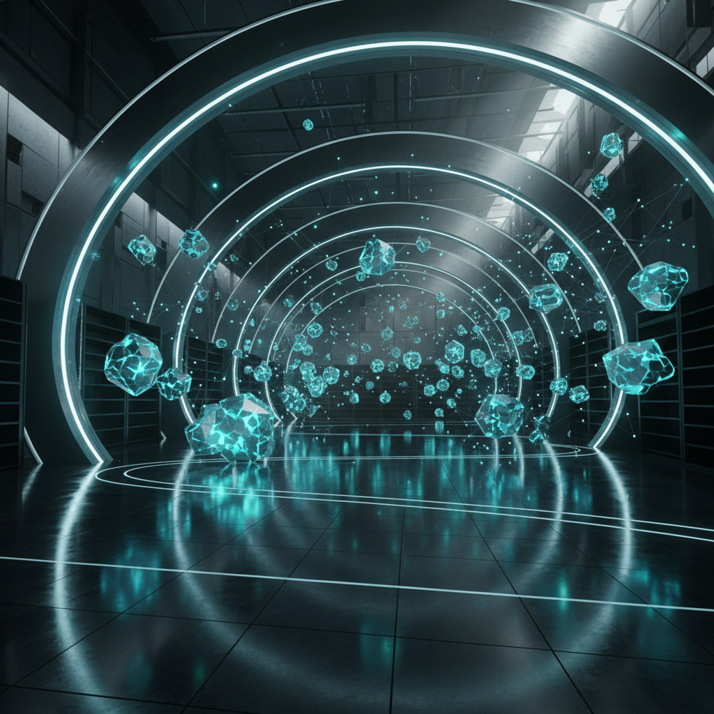 Túnel futurista con arcos concéntricos de luz cian, suelo reflectante con patrón luminoso y múltiples estructuras cristalinas azules flotando.