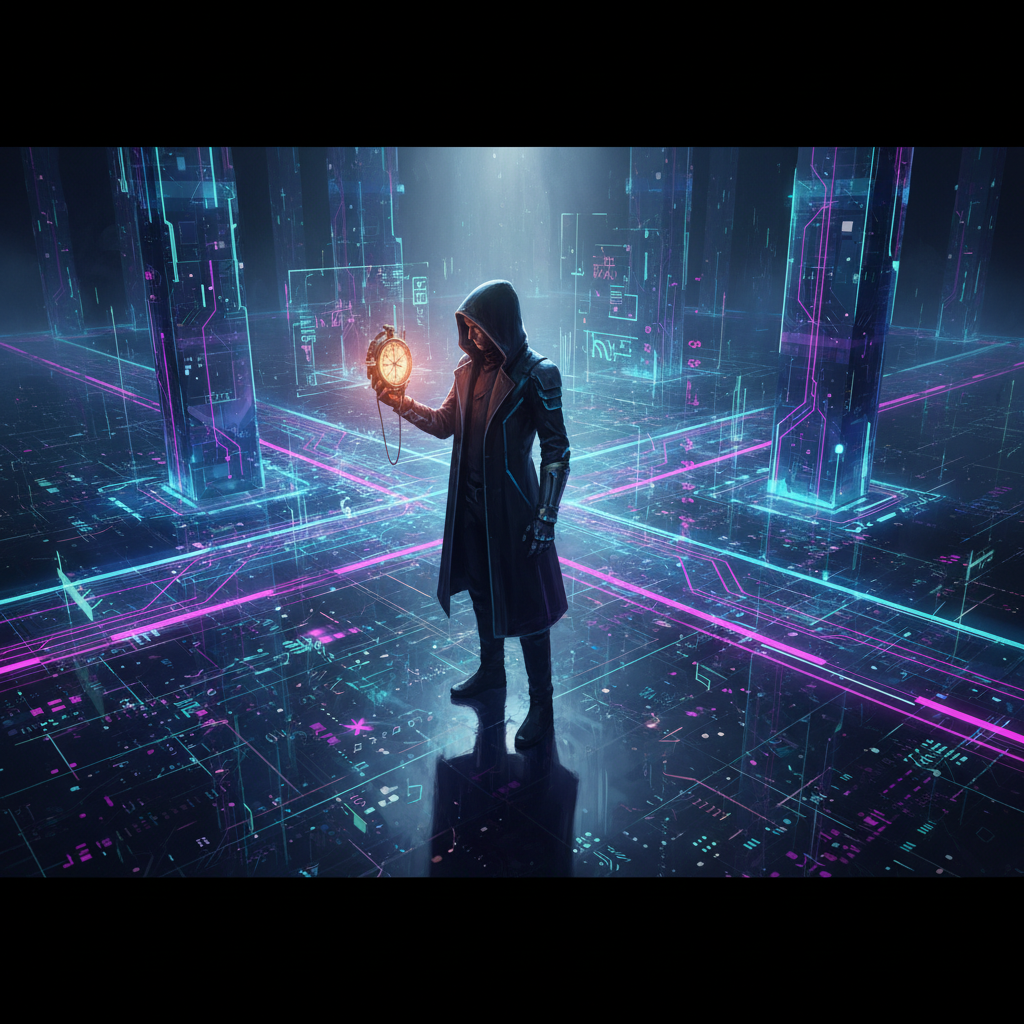 Persona con abrigo con capucha sosteniendo una brújula brillante en un entorno digital futurista con circuitos de neón azules y rosas.