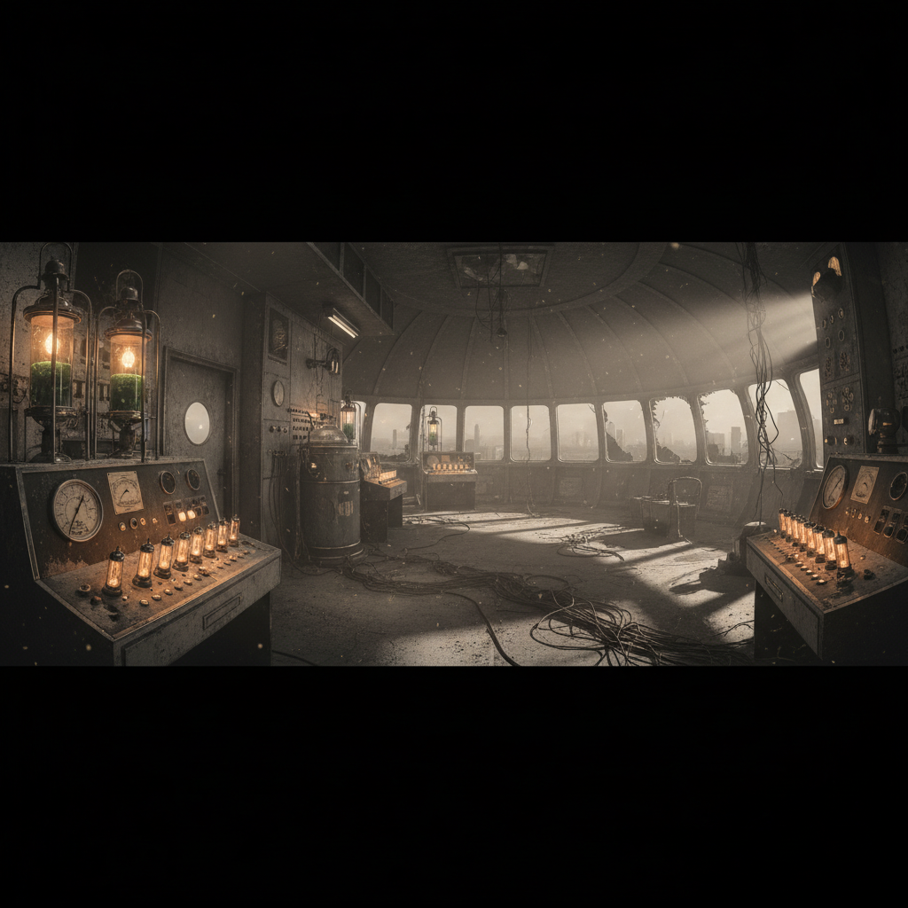 Sala de control retro-futurista o steampunk abandonada con grandes ventanales a un paisaje urbano, consolas llenas de medidores, tubos de vacío brillantes, cables por el suelo y luz solar.