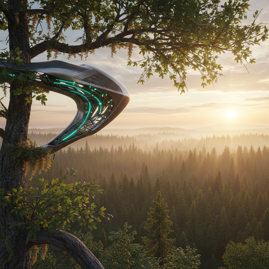 Una estructura futurista curvada con luces LED turquesas está integrada en el tronco de un gran árbol, ofreciendo vistas a un extenso bosque brumoso al amanecer o atardecer.