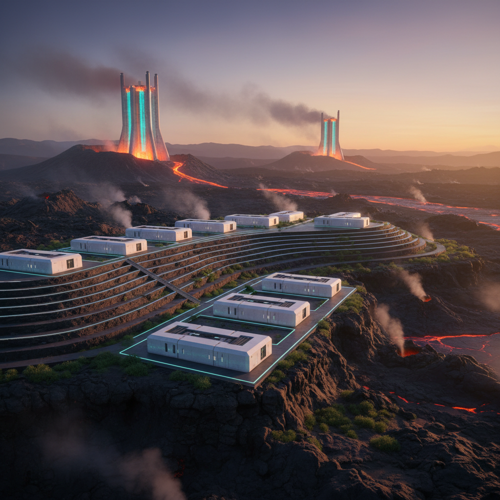 Asentamiento futurista con edificios modulares blancos y luces de neón azules dispuestos en terrazas sobre un paisaje volcánico, con ríos de lava incandescente, fumarolas y grandes torres industriales que emiten humo bajo un cielo de atardecer.