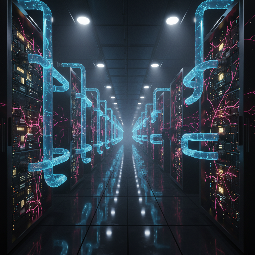 Vista de un largo pasillo en un centro de datos con filas de racks de servidores a ambos lados. Los servidores muestran intrincados patrones luminosos internos de color rojo rosado, similares a circuitos. Tuberías translúcidas de color azul brillante se curvan y conectan los servidores. El suelo oscuro y reflectante espeja las luces del techo y el resplandor de los equipos, extendiéndose hacia el fondo del pasillo.