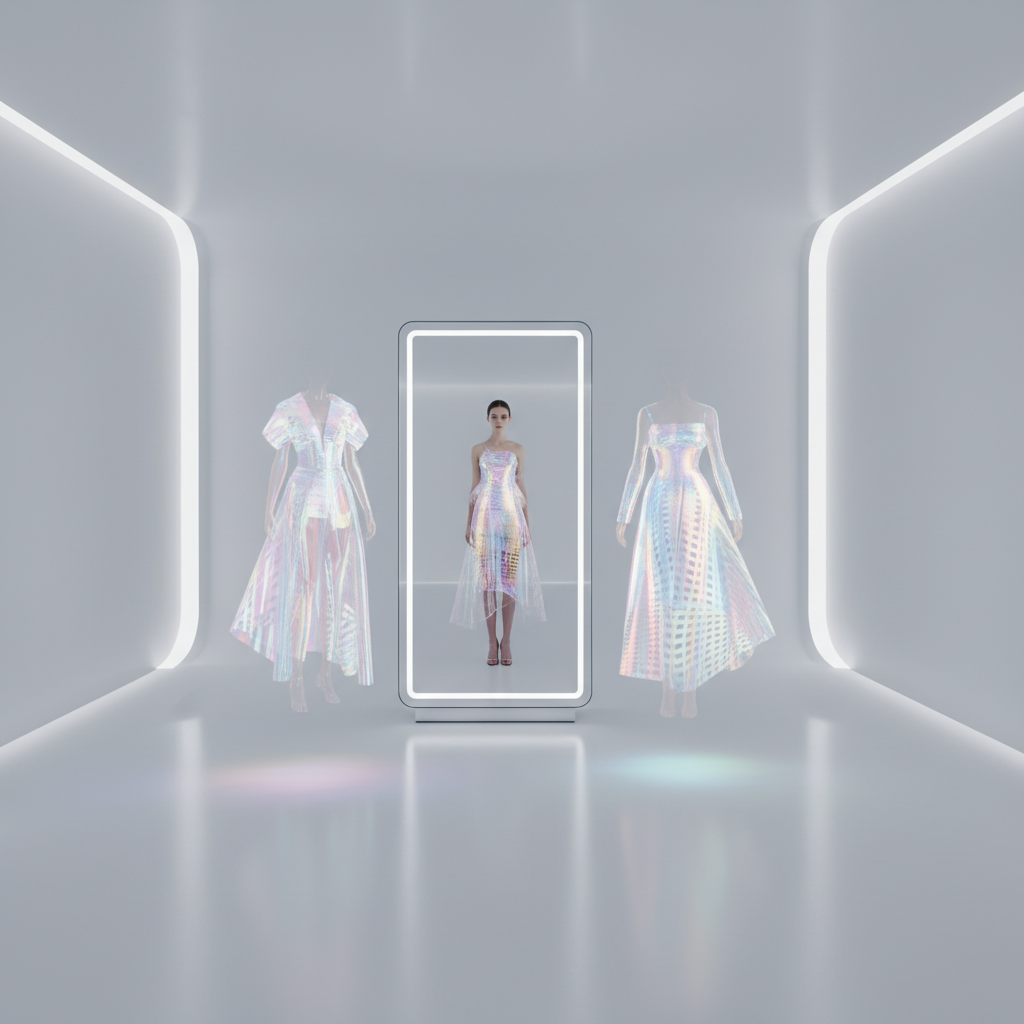 Exhibición de moda digital futurista con una modelo en pantalla y dos maniquíes holográficos presentando vestidos iridiscentes en una sala blanca minimalista.