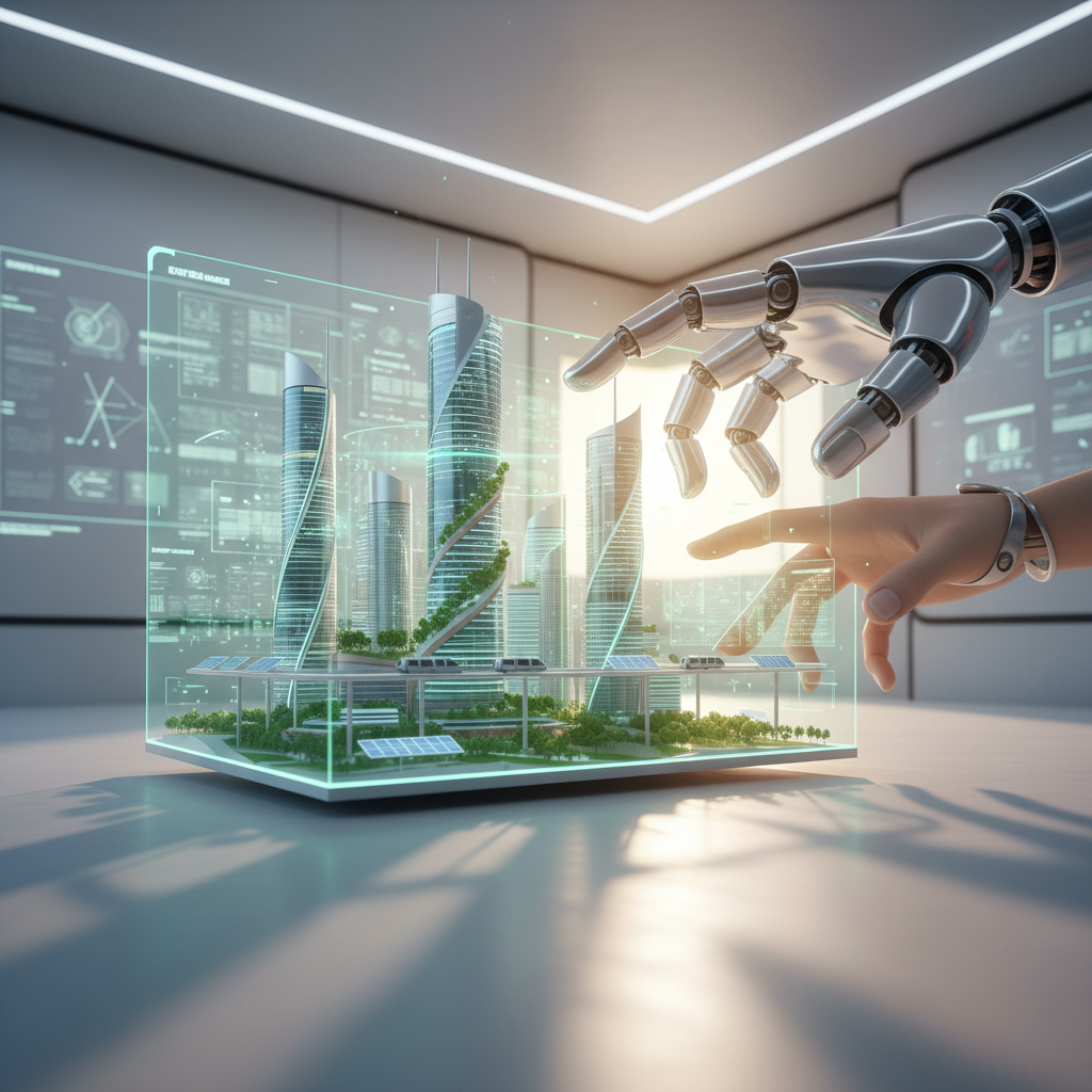 Manos de robot y humanas interactuando con un modelo holográfico de una ciudad futurista y sostenible. El modelo incluye rascacielos con jardines verticales, paneles solares y un sistema de transporte elevado, todo ello en una interfaz transparente dentro de una sala moderna.