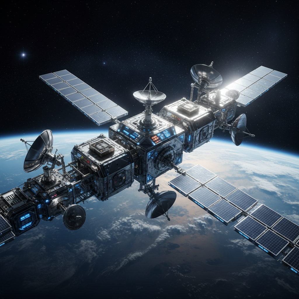 Una estación espacial detallada con módulos interconectados, grandes paneles solares y antenas parabólicas, flotando sobre el planeta Tierra y un cielo estrellado.