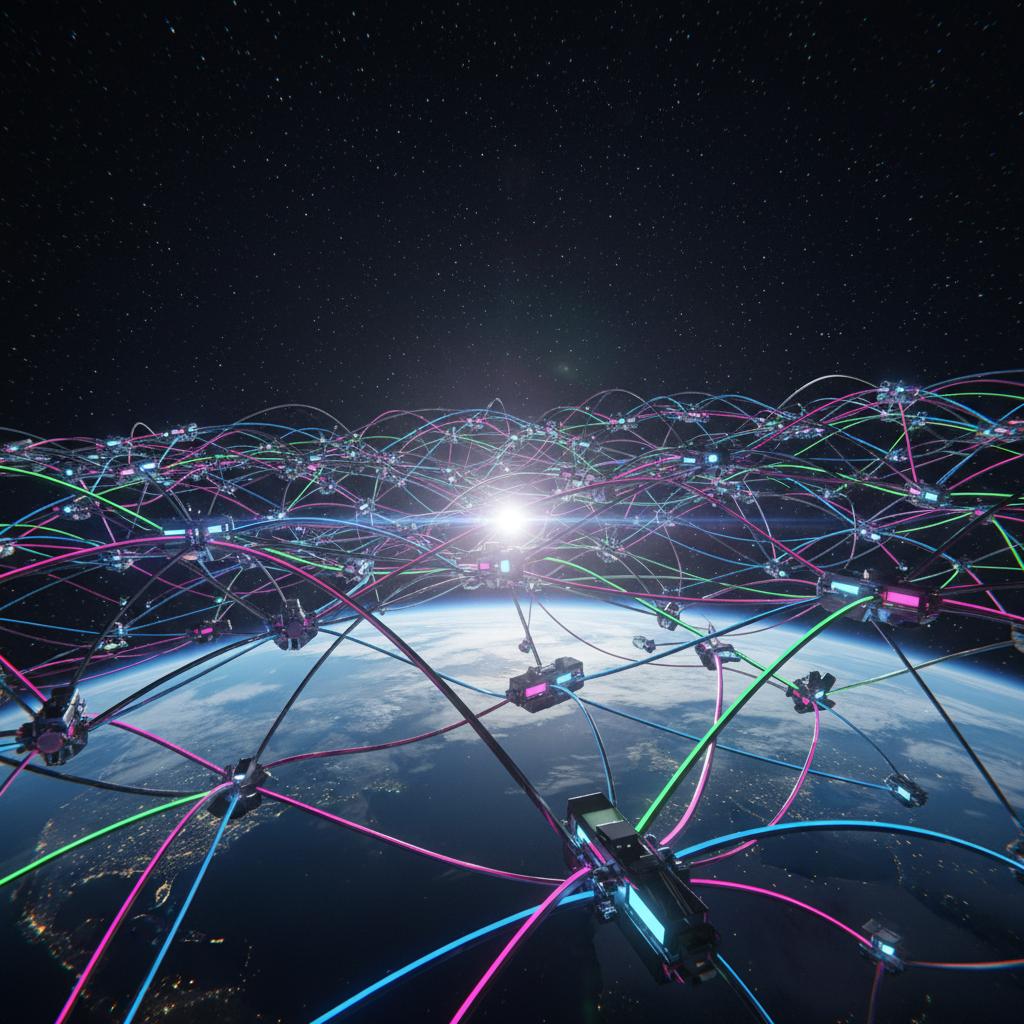 Una red global de nodos y líneas luminosas en tonos rosa, azul y verde rodea la Tierra vista desde el espacio, con un brillo central, luces de ciudades en la superficie y estrellas en el fondo.