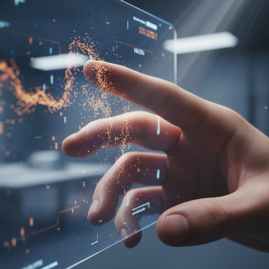 Una mano humana con el dedo índice tocando una pantalla digital transparente que muestra datos y gráficos interactivos con puntos brillantes anaranjados.