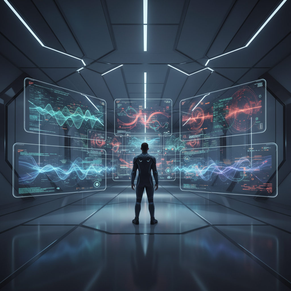 Un hombre de espaldas con un traje futurista oscuro en una sala de alta tecnología con iluminación geométrica. Frente a él, múltiples pantallas holográficas transparentes muestran datos complejos, gráficos de ondas en tonos azules, verdes, rojos y morados, y líneas de código.