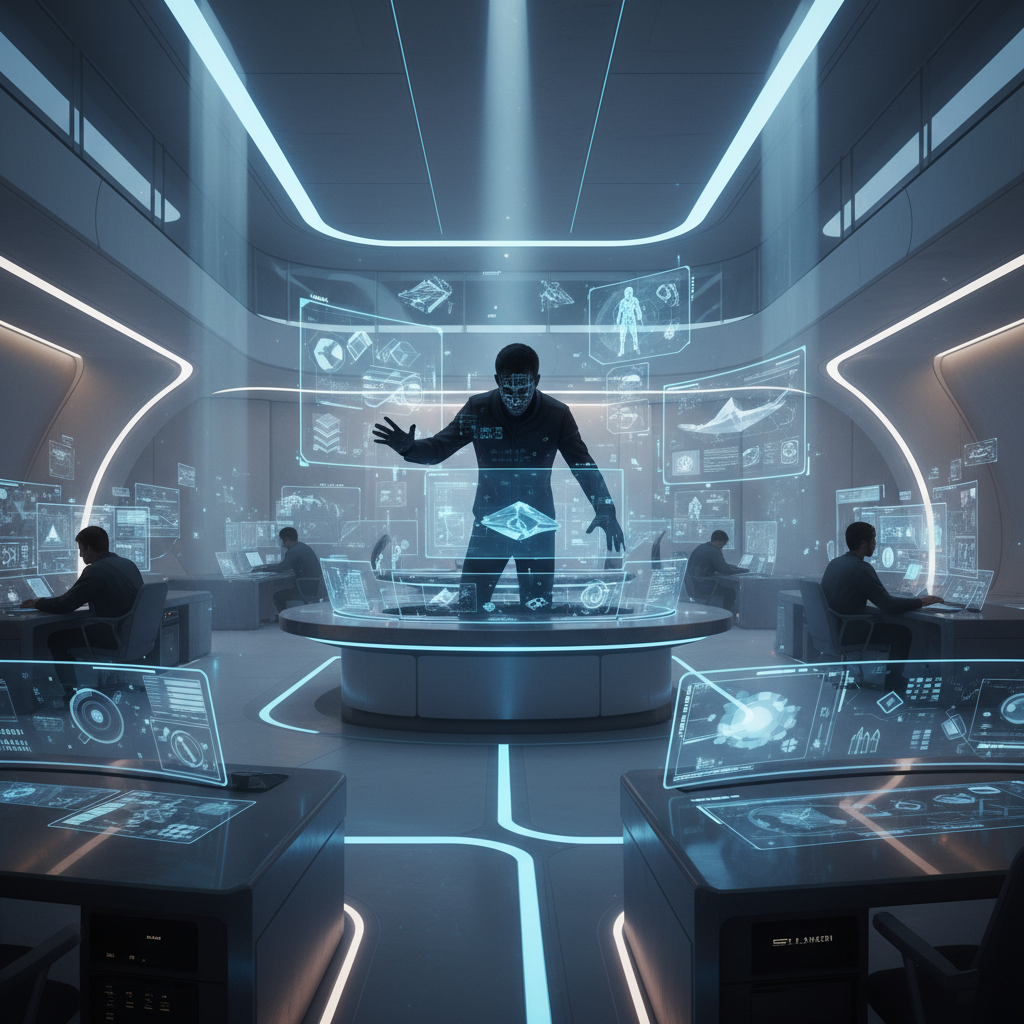 Hombre con un interfaz facial digital interactuando con una gran proyección holográfica central en una sala de control futurista, rodeado de pantallas digitales y otros operadores trabajando en escritorios iluminados.