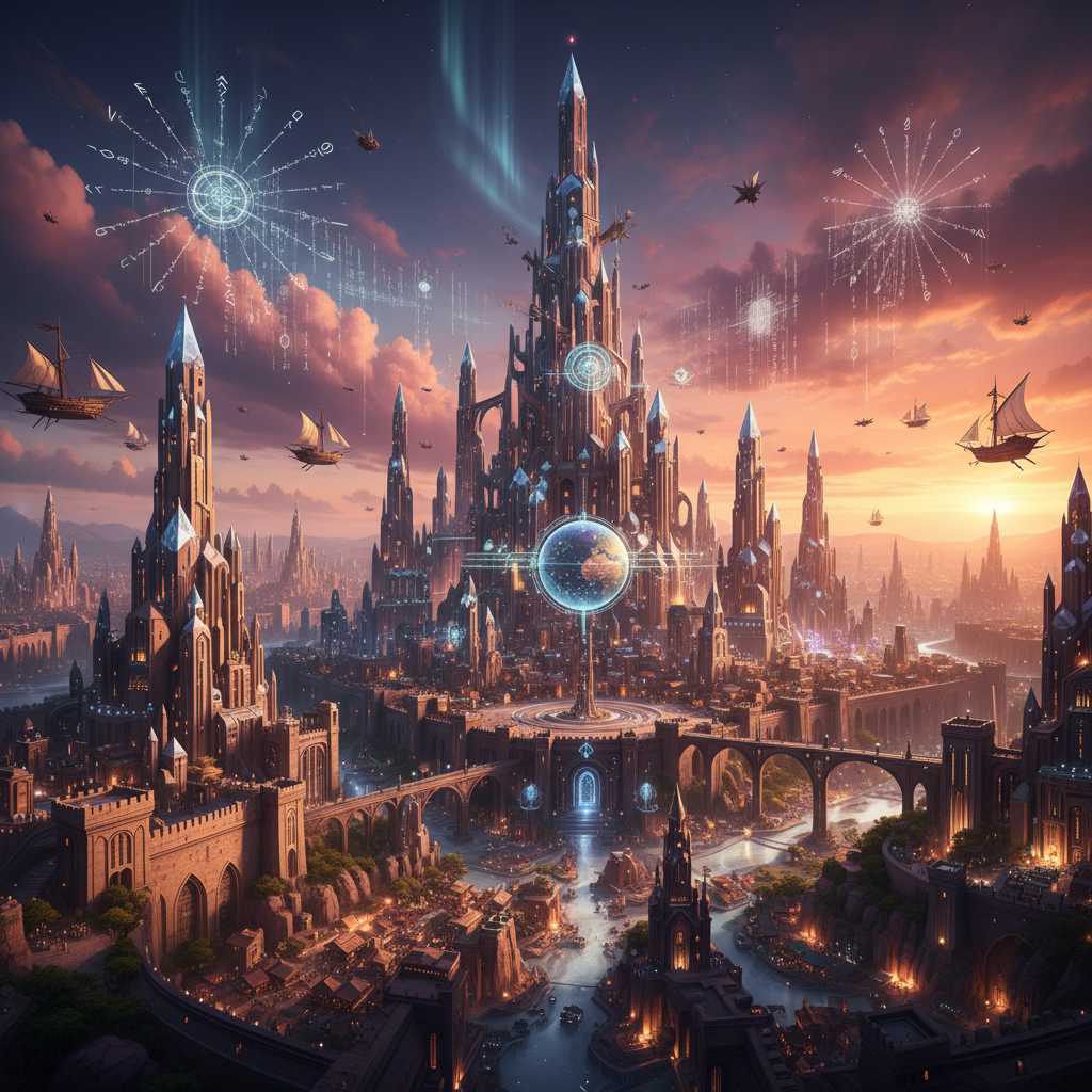 Vista aérea de una vasta ciudad futurista-fantástica al atardecer, con rascacielos puntiagudos y luces azules. El cielo muestra auroras boreales, barcos voladores y hologramas. Un gran globo terráqueo brillante flota en el centro, y la ciudad cuenta con puentes sobre ríos.