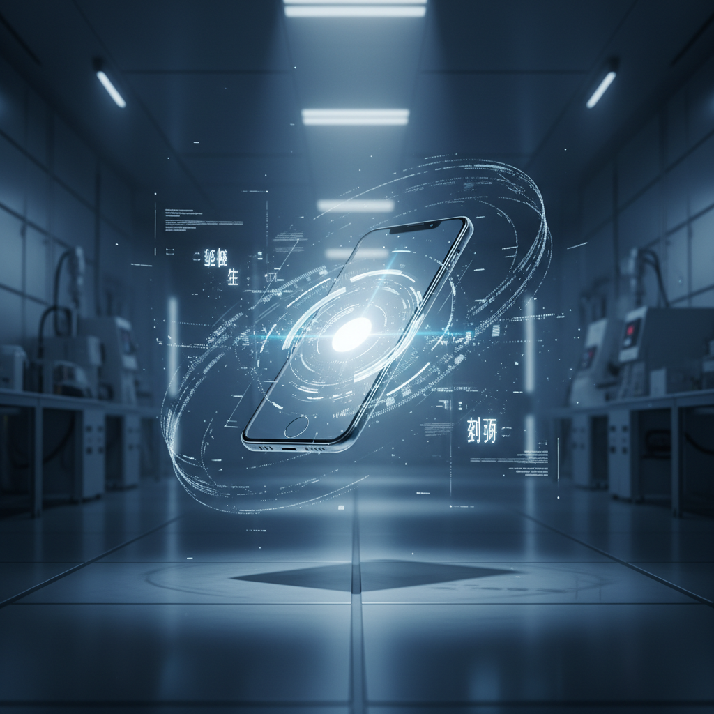 Un teléfono inteligente digital flotando en el centro de un laboratorio de alta tecnología con iluminación fría. El dispositivo está rodeado de anillos concéntricos luminosos y flujos de datos complejos, con texto digital en chino visible. El fondo muestra equipos de laboratorio y un suelo reflectante.