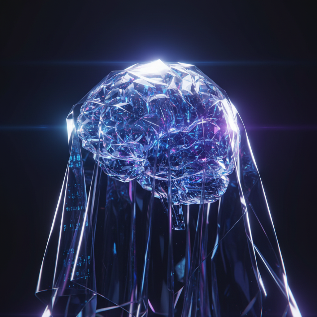 Cerebro humano estilizado hecho de cristal facetado y brillante con tonos azules y púrpuras, cubierto por un velo transparente y luminoso, sobre un fondo oscuro.