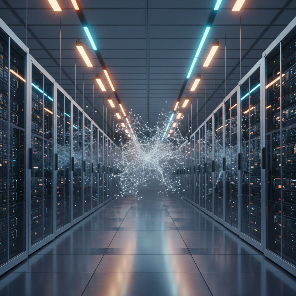 Pasillo de un centro de datos con racks de servidores a ambos lados e iluminación naranja y azul, con una red de datos luminosa flotando en el centro.