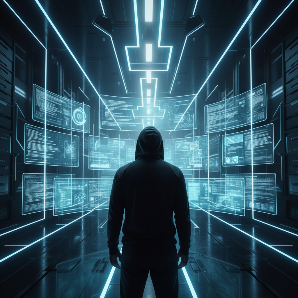 Hombre con sudadera negra de espaldas en una sala futurista rodeado de pantallas holográficas con código y datos, iluminada con luces de neón azules.