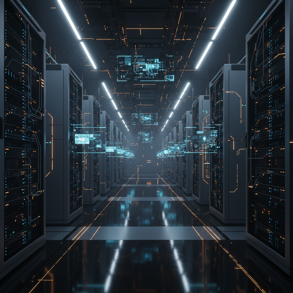 Pasillo largo de un centro de datos futurista con filas de racks de servidores a ambos lados, iluminados con luces LED azules y detalles naranjas, y pantallas holográficas flotantes mostrando información digital.