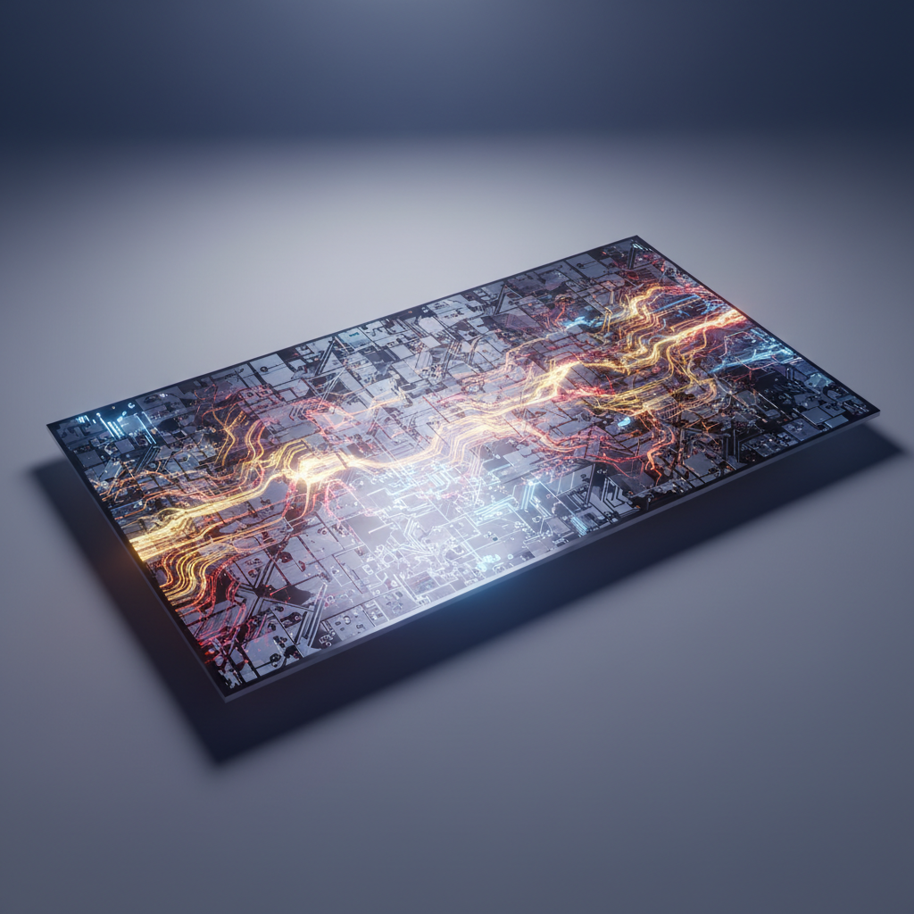 Una placa de circuito electrónico rectangular con rutas luminosas de colores anaranjados, rojos y azules que representan flujo de datos o energía, sobre una superficie gris clara con sombra.