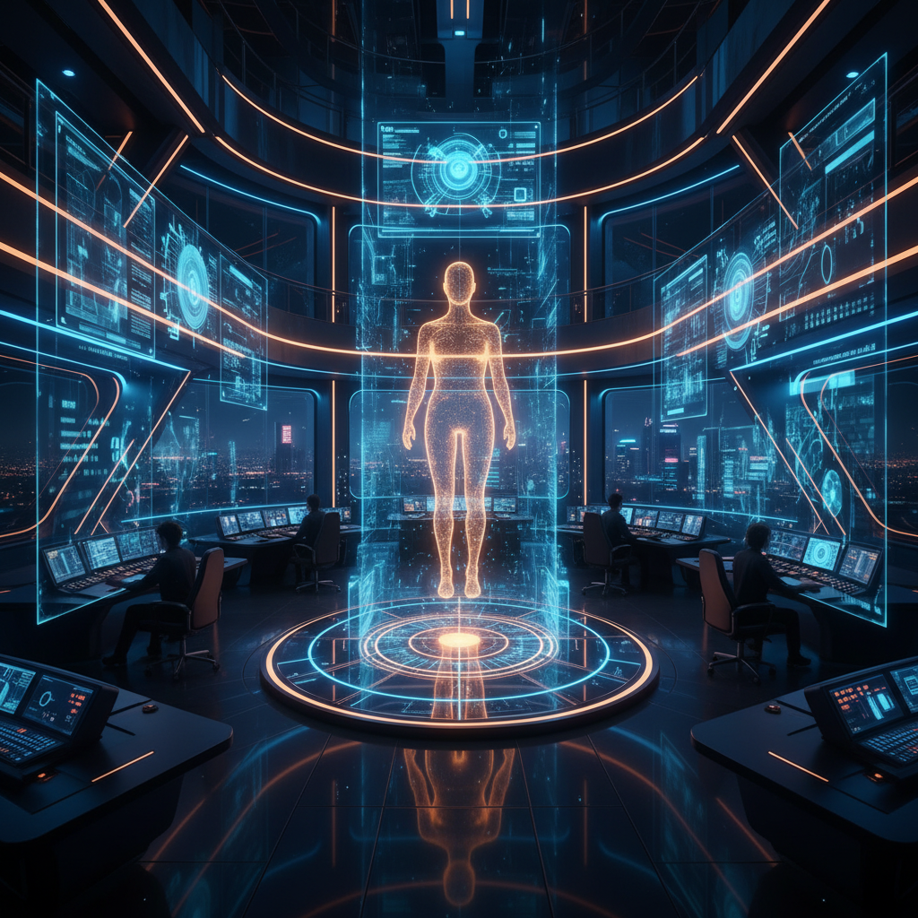 Una sala de control futurista con un holograma de una figura humana femenina brillante en el centro. La sala está iluminada con luces de neón azules y naranjas, y cuenta con múltiples pantallas de datos flotantes y varios operadores trabajando en escritorios, con una vista de una ciudad nocturna.