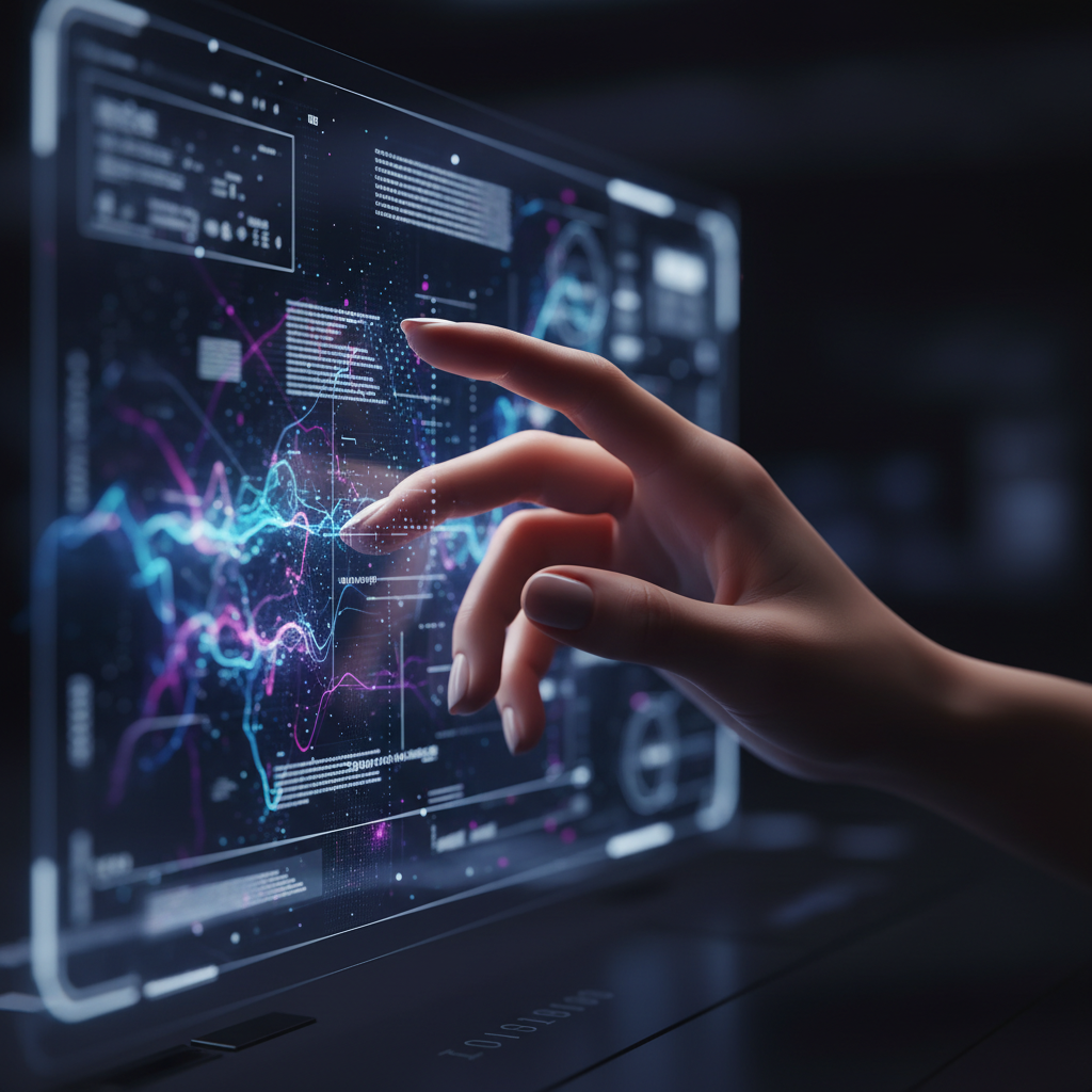 Una mano interactuando con una pantalla táctil transparente que muestra gráficos y visualizaciones de datos complejos en tonos azules y púrpuras.