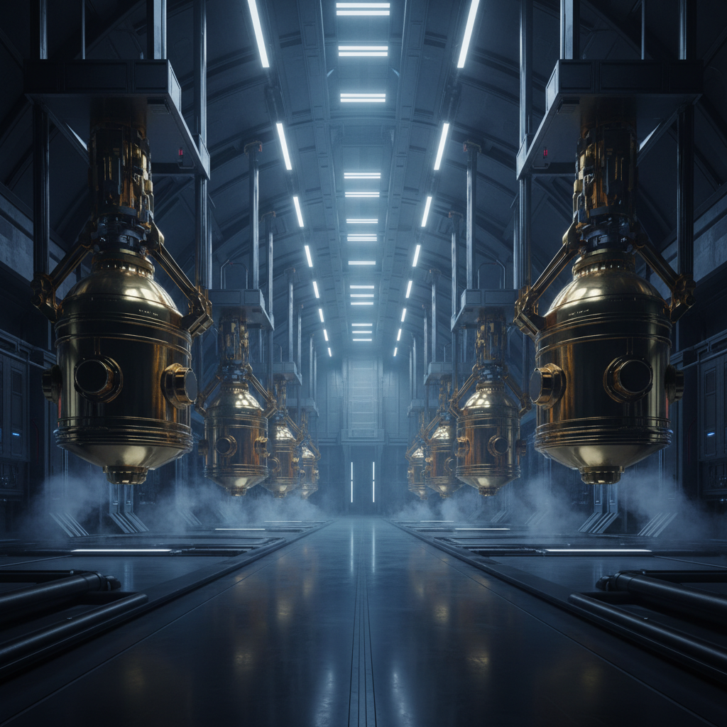 Corredor industrial futurista con techo abovedado y luces lineales brillantes. A ambos lados se ven largas filas de grandes recipientes esféricos de color dorado suspendidos. Hay humo o vapor blanco en el suelo metálico reflectante.