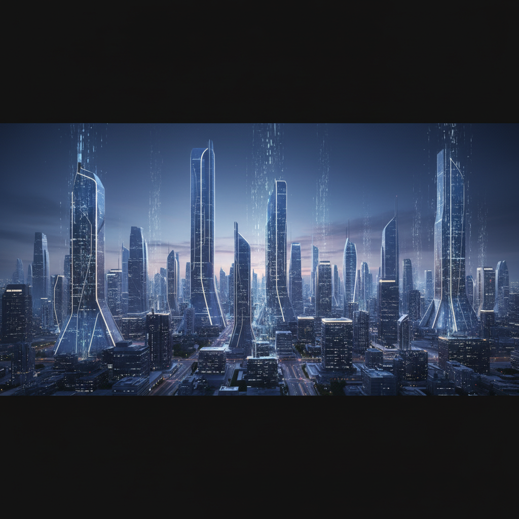 Vista panorámica de una ciudad futurista al anochecer, con rascacielos modernos y elegantes iluminados con líneas azules brillantes y flujos de datos digitales ascendiendo.