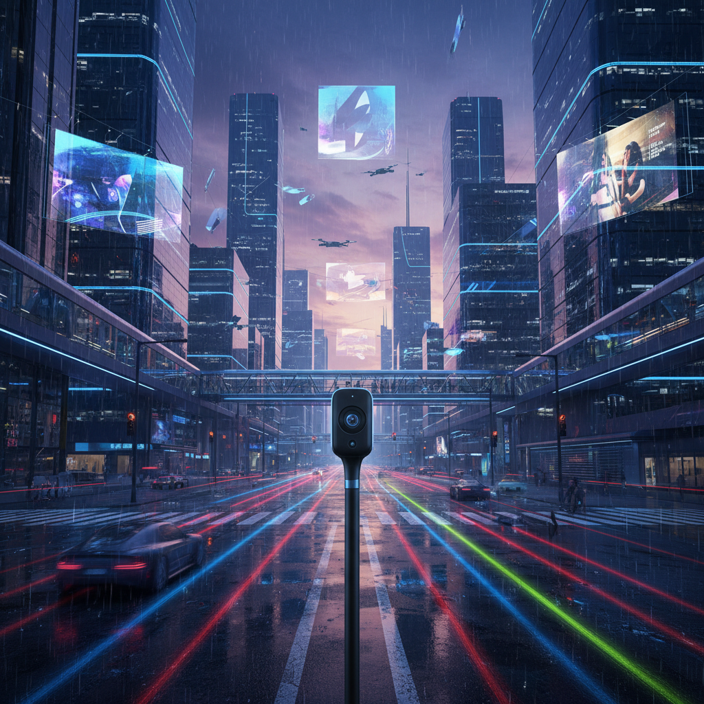 Vista de una ciudad futurista lluviosa al anochecer, con rascacielos modernos, pantallas holográficas flotantes, coches con estelas de luz de colores en una calle mojada y un poste con una cámara de vigilancia en el centro.