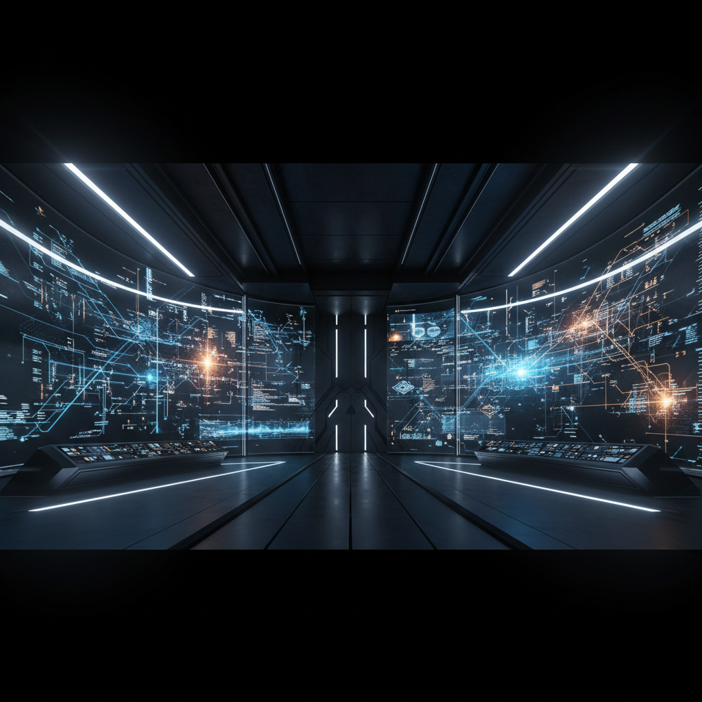 Sala de control futurista con múltiples pantallas gigantes mostrando redes de datos, gráficos y código en tonos azules y naranjas. Hay dos consolas de control iluminadas en la parte delantera.