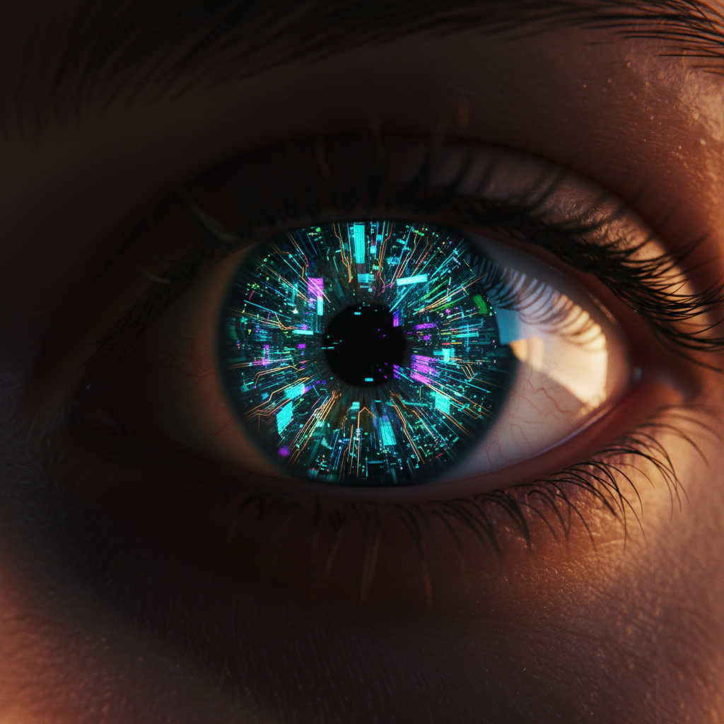 Un primer plano de un ojo humano con el iris transformado en un patrón de circuitos digitales brillantes de colores cian, verde y magenta. La pupila es negra y oscura, y se aprecian las pestañas y la piel circundante.