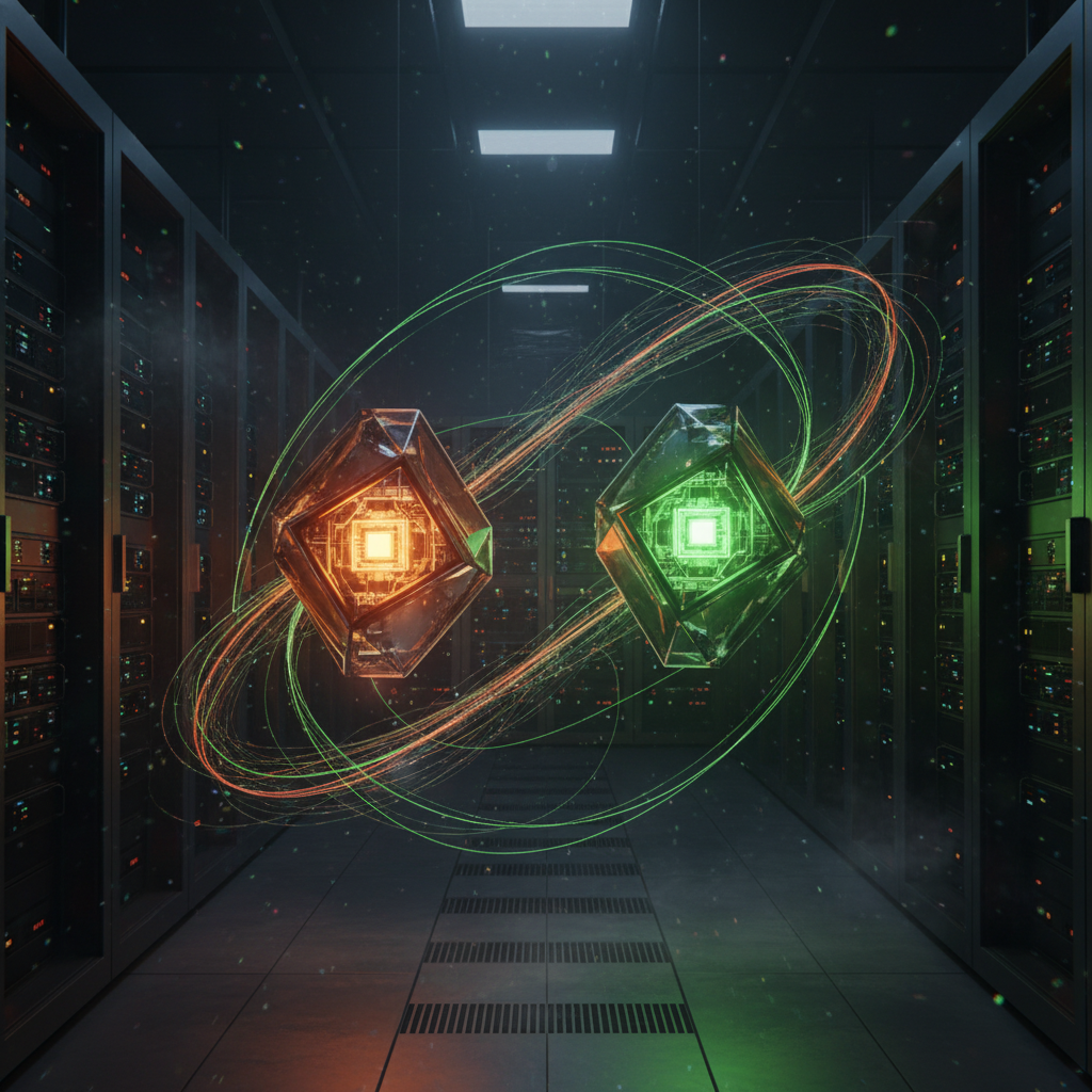 Sala de servidores oscura con dos orbes tecnológicos luminosos, uno naranja y otro verde, flotando en el centro. Ambos orbes tienen un chip brillante en su interior y están rodeados por trazos de energía y datos en espiral en los mismos colores. Se aprecian racks de servidores a los lados.