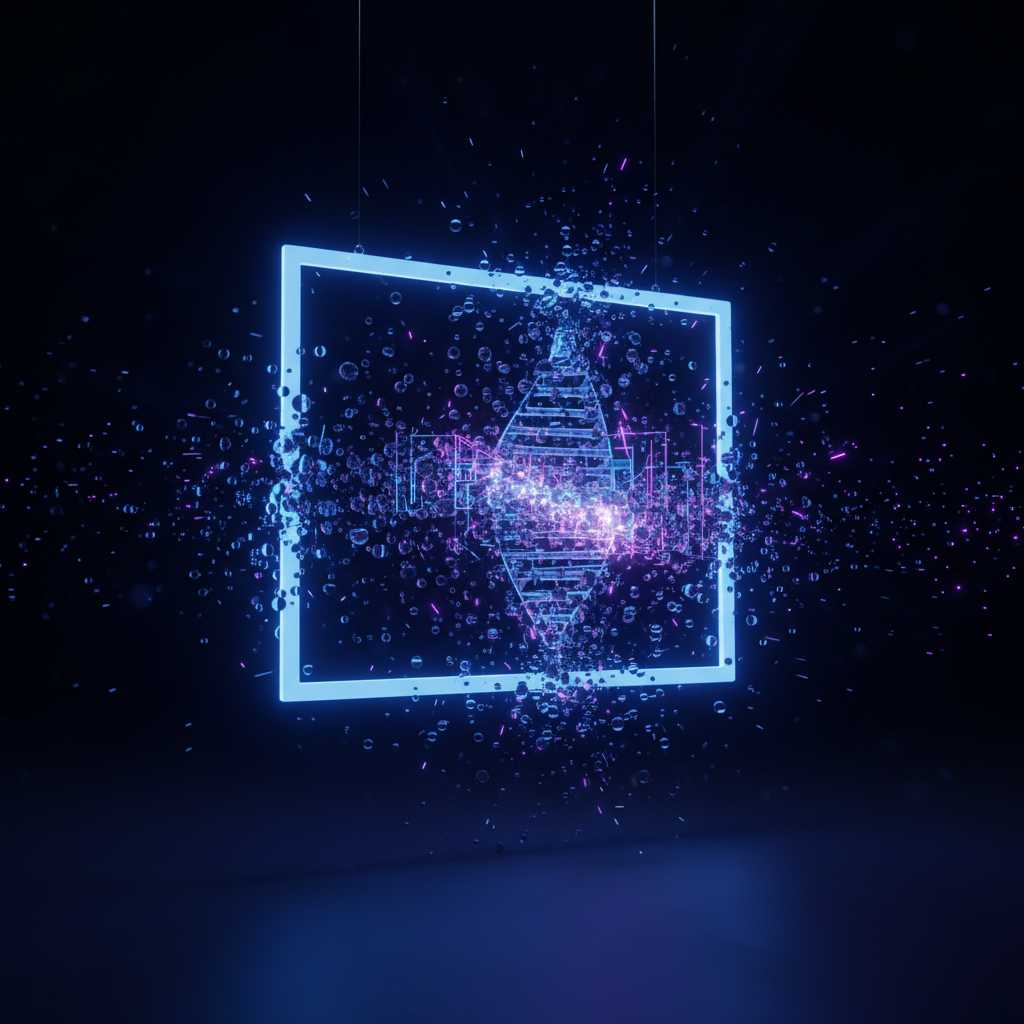 Marco cuadrado de luz neón azul brillante flotando en la oscuridad, con una estructura central que simula una doble hélice, compuesta de partículas luminosas púrpuras y rosas, rodeada de burbujas y fragmentos azulados dispersos.
