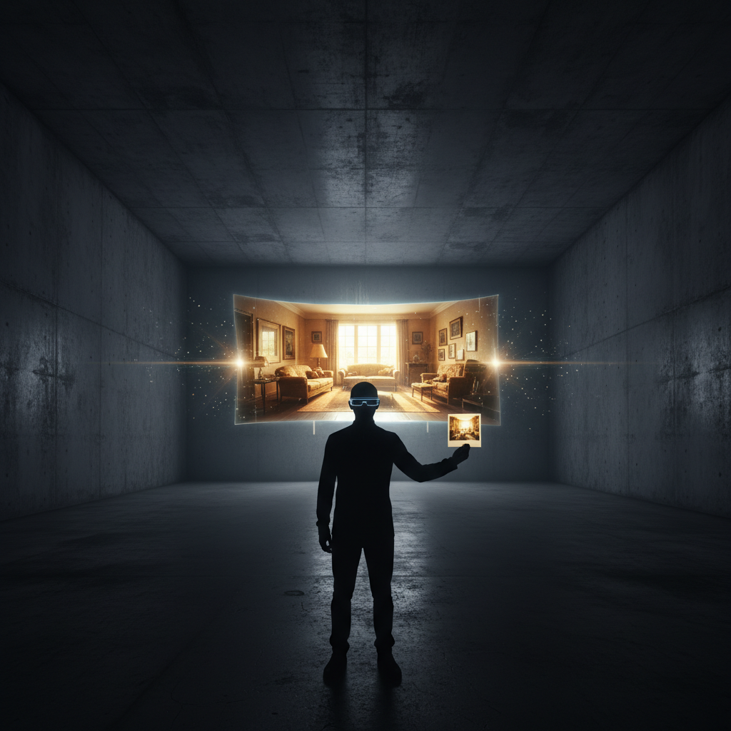 Una persona en silueta con gafas de realidad aumentada se encuentra en una sala oscura de hormigón. Proyecta una acogedora sala de estar con muebles y luz solar en una gran pantalla holográfica flotante, mientras sostiene una tableta que muestra la misma escena.