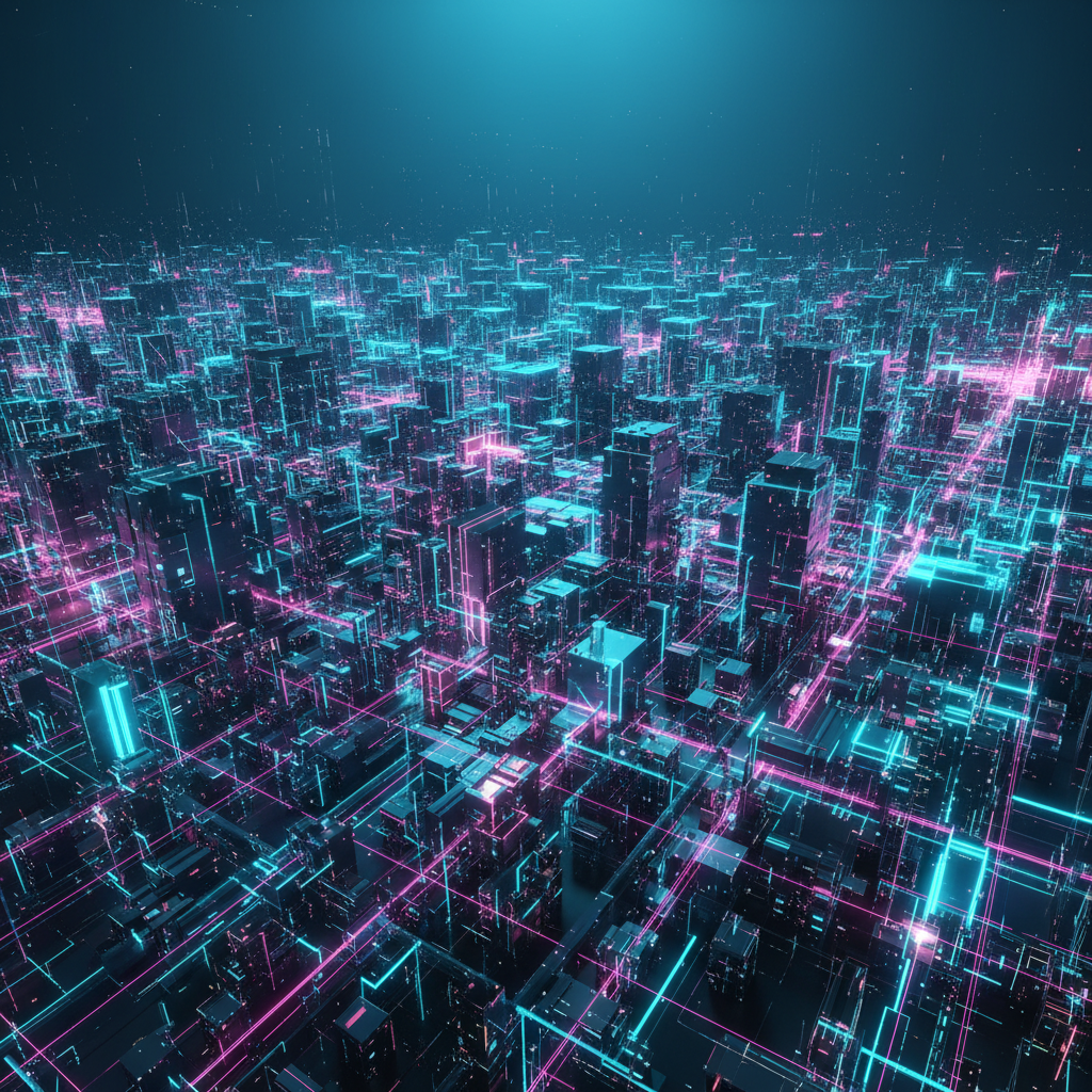 Paisaje urbano futurista abstracto con edificios oscuros interconectados por líneas de luz de neón azules y rosas formando una red digital.