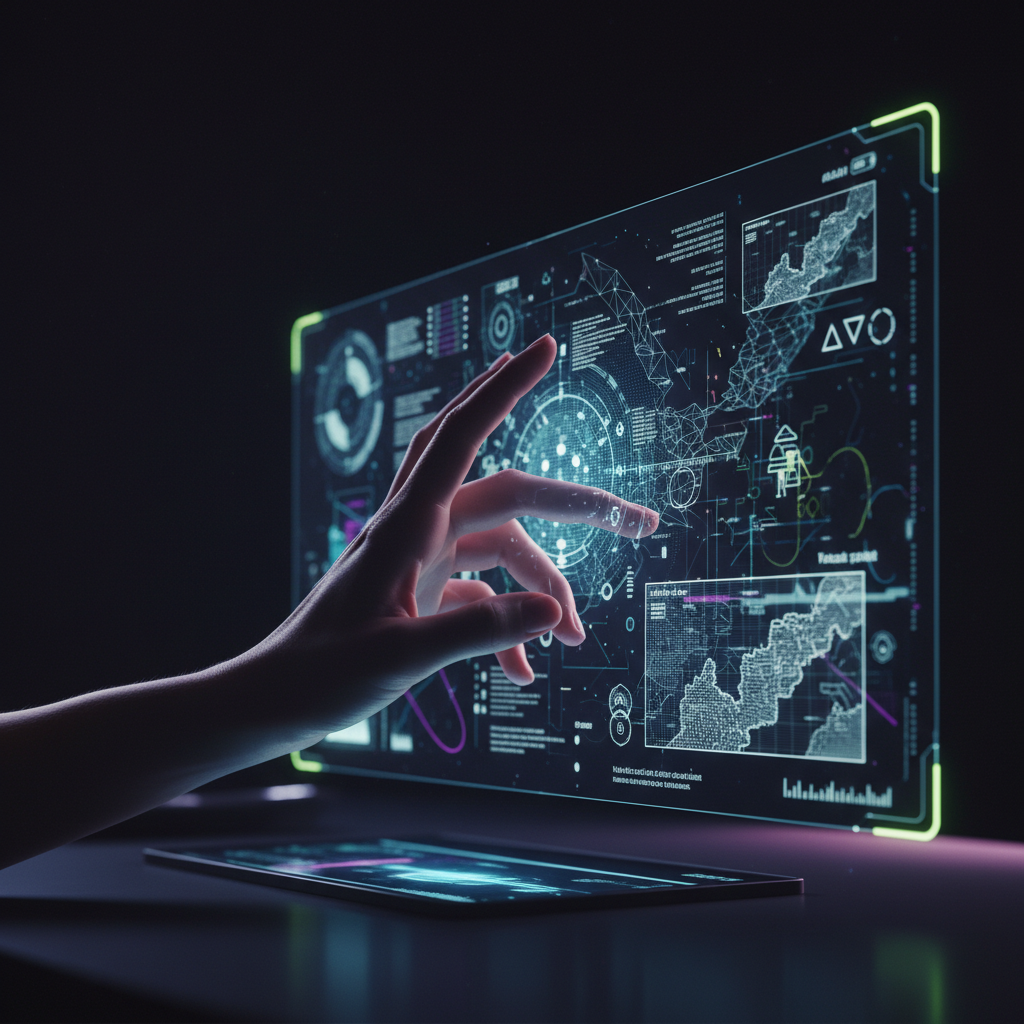 Una mano interactuando con una pantalla transparente o holográfica que muestra gráficos, mapas y datos tecnológicos complejos con una interfaz de usuario futurista.