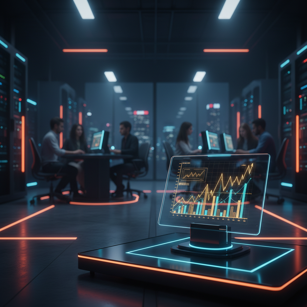 Pantalla holográfica mostrando gráficos de barras y líneas con datos financieros, ubicada en un centro de datos con un equipo de personas trabajando en computadoras en el fondo.
