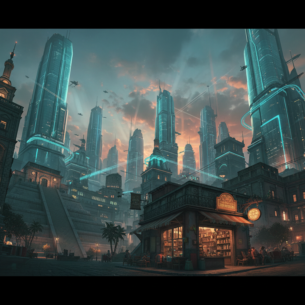 Paisaje urbano donde rascacielos futuristas con luces azules y vehículos voladores se mezclan con una pirámide escalonada y edificios tradicionales, incluyendo un café iluminado, al atardecer.