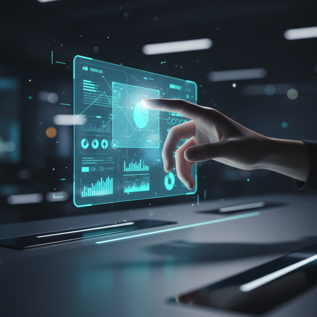 Una mano humana interactúa con una pantalla táctil futurista que muestra un panel de control con gráficos de barras, gráficos circulares y otros datos empresariales en un entorno oscuro y tecnológico.
