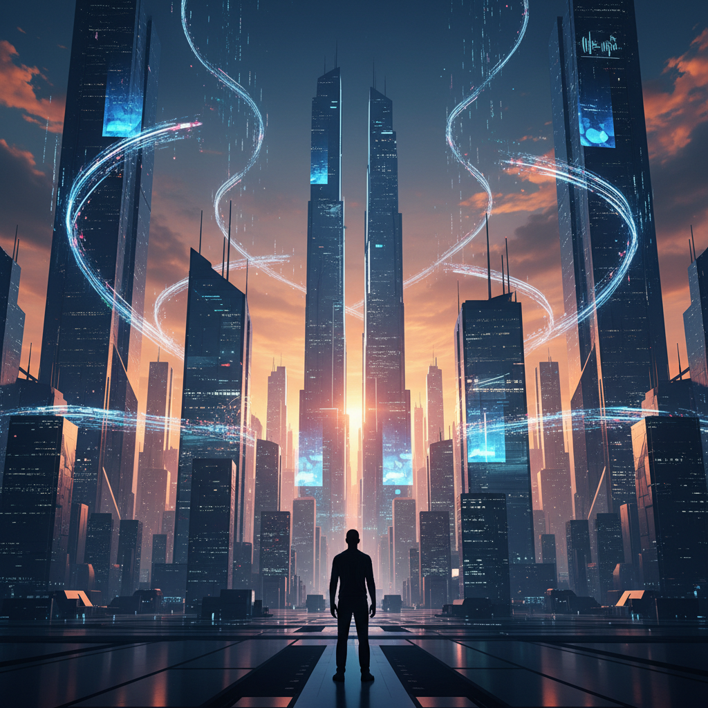 Silueta de una persona de pie en una plataforma, mirando un horizonte de ciudad futurista al atardecer. La ciudad presenta altos rascacielos con detalles luminosos azules y senderos de luz digital que se elevan y conectan los edificios en el cielo anaranjado.