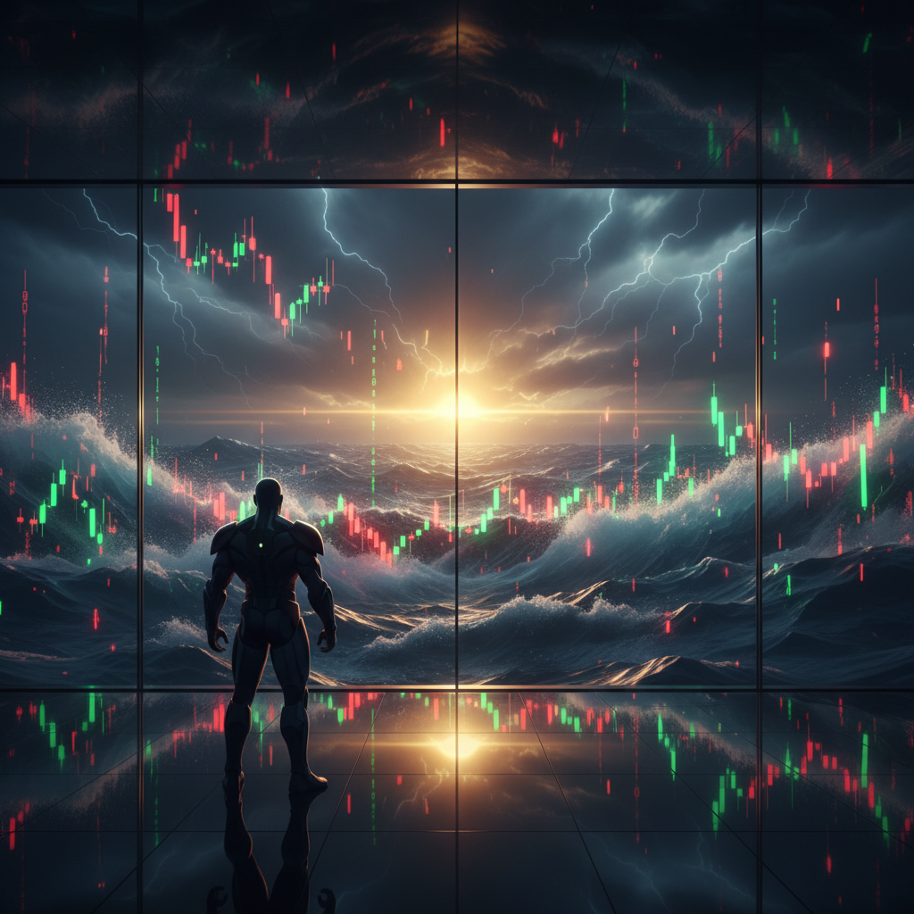 Una figura en un traje futurista oscuro está de espaldas mirando por una gran ventana hacia un océano agitado con olas y relámpagos bajo un cielo tormentoso al atardecer. Gráficos de velas financieras rojas y verdes, junto con datos digitales, se superponen sobre la escena del mar y el cielo, reflejándose en el suelo brillante de la habitación.