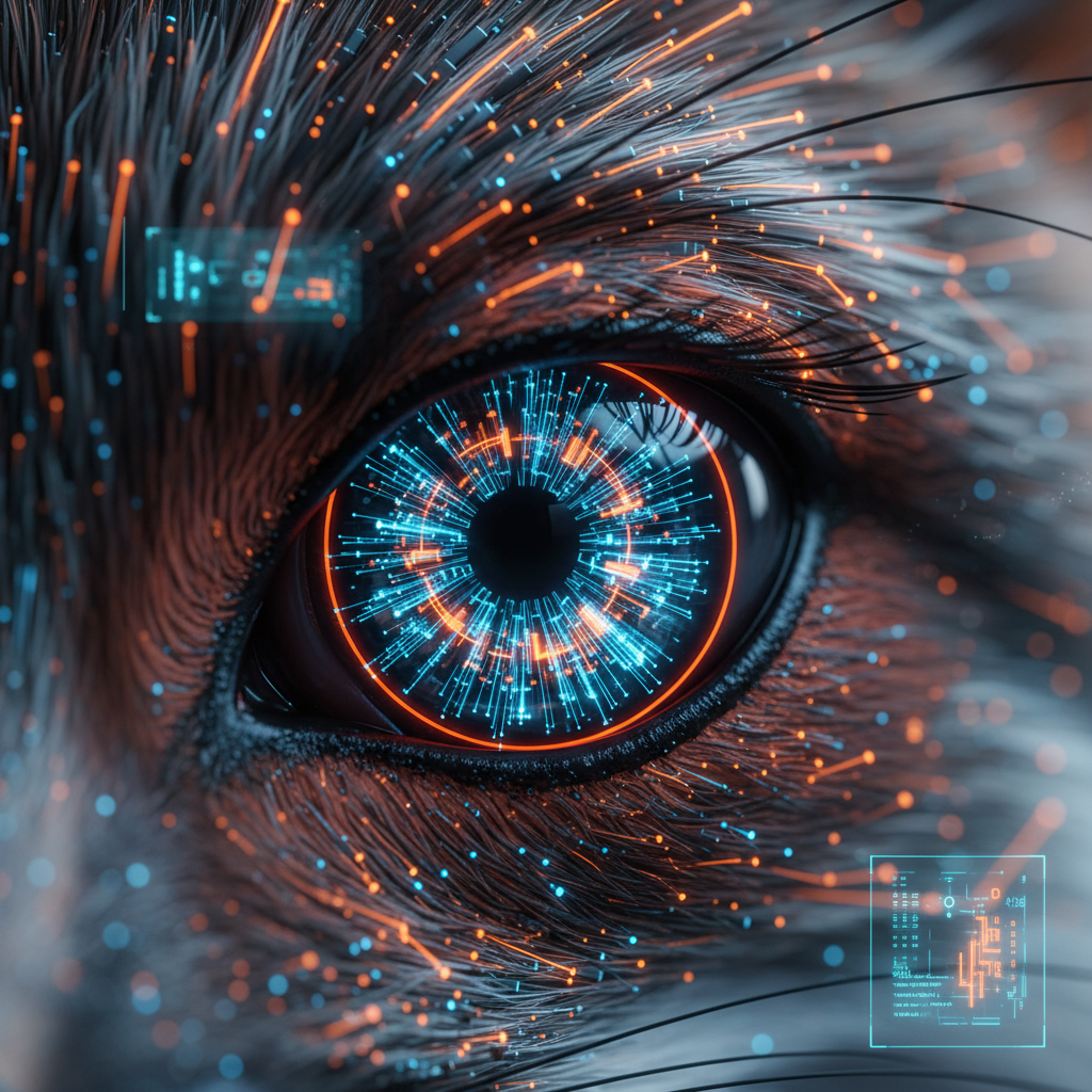 Primer plano de un ojo con iris digital brillante en tonos azules y naranjas, rodeado de piel peluda oscura con partículas luminosas y elementos de interfaz de usuario futuristas.