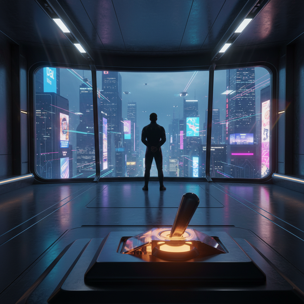 Silueta de un hombre de espaldas mirando una ciudad futurista nocturna con rascacielos, luces de neón y vehículos voladores desde una gran ventana, con una palanca de control luminosa en primer plano.