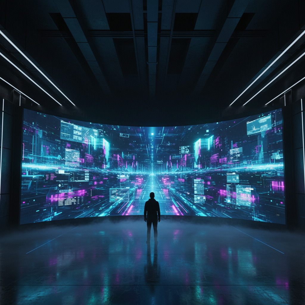 Un hombre de espaldas observa una enorme pantalla curva en una sala oscura y futurista. La pantalla muestra una vibrante ciudad digital o un entorno de datos con luces de neón azules y moradas, reflejándose en el suelo con niebla.