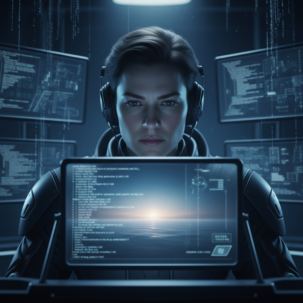 Una persona con auriculares y uniforme oscuro, con expresión concentrada, trabaja frente a una consola con múltiples pantallas que muestran código y datos. La pantalla principal en primer plano exhibe líneas de código sobre un paisaje digital con un horizonte luminoso.
