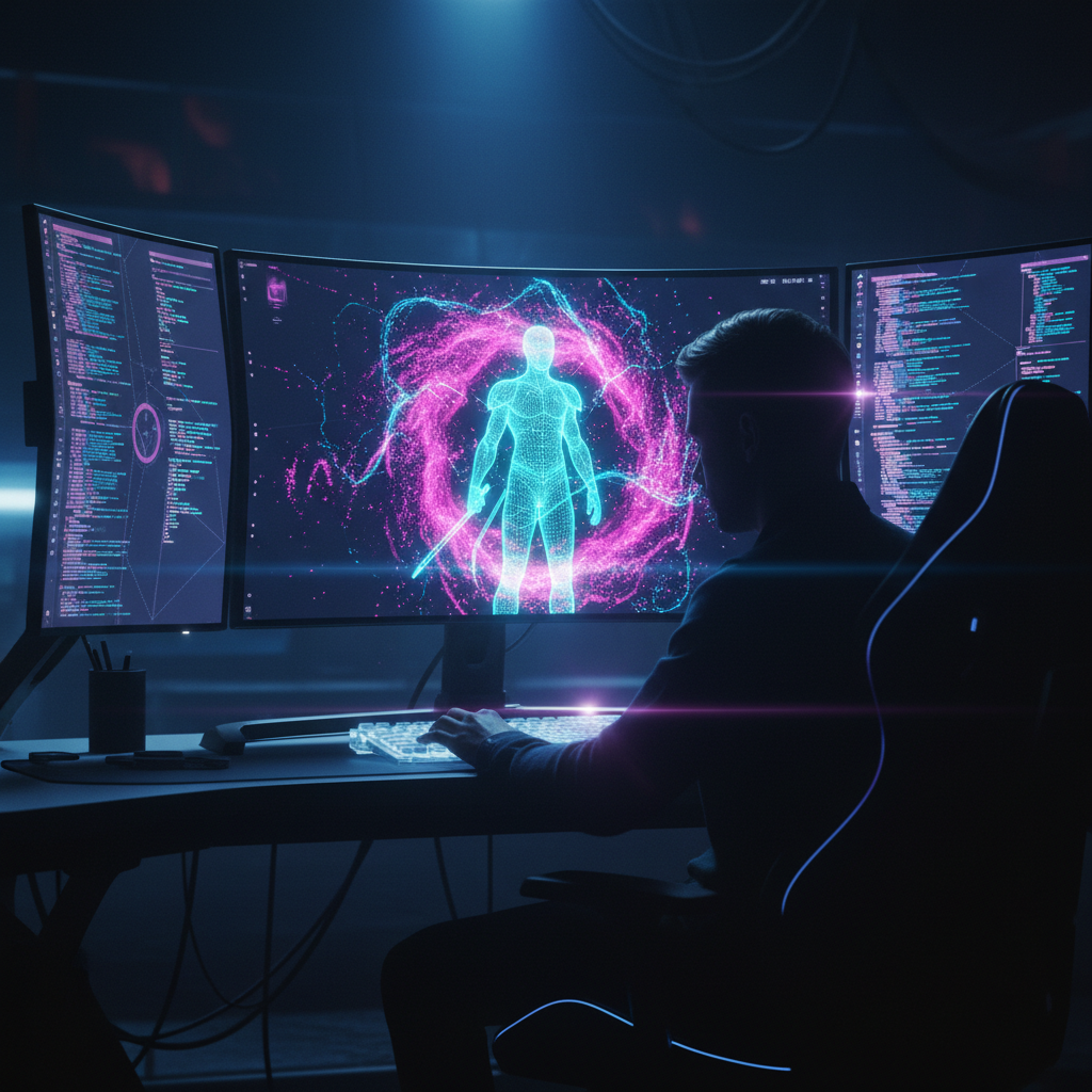 Hombre programando en un entorno oscuro con tres monitores. El monitor central muestra una figura humana 3D wireframe rodeada de efectos de energía rosa y azul. Los monitores laterales muestran código de programación.