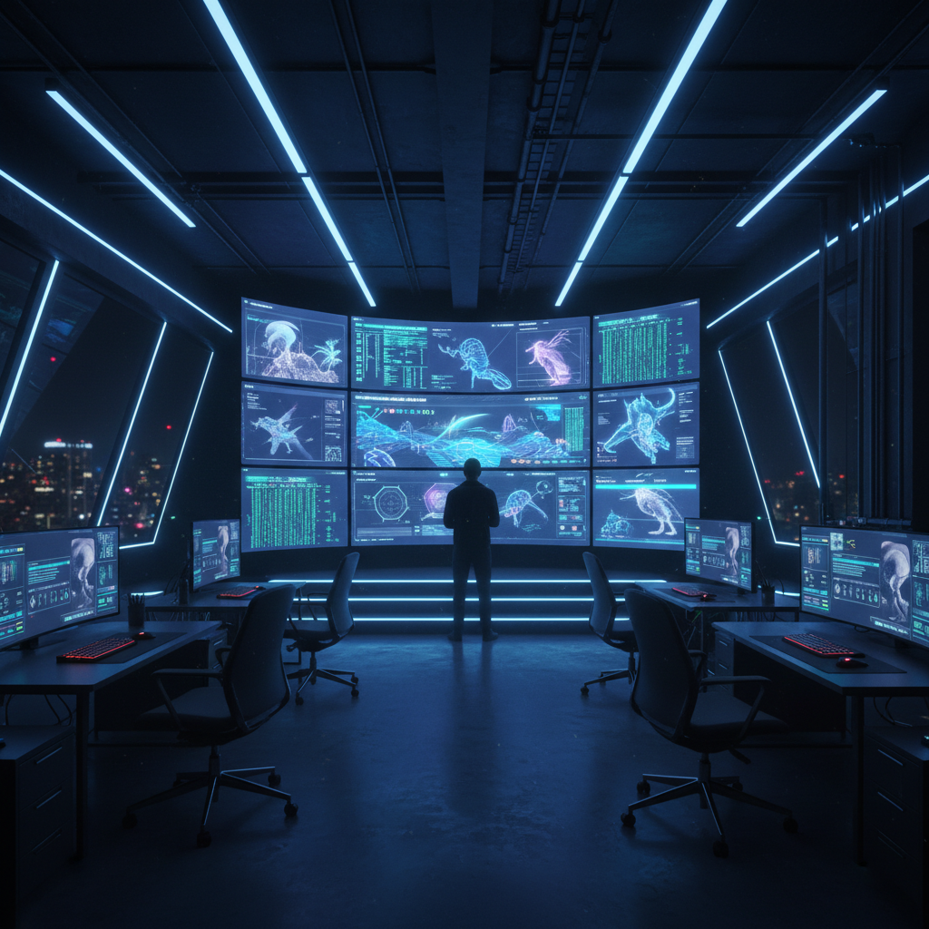 Un hombre de espaldas observa una gran pared de monitores con datos, códigos y gráficos complejos en una sala de control futurista con luces de neón azules. En primer plano hay escritorios con ordenadores y al fondo se ve una ciudad nocturna.